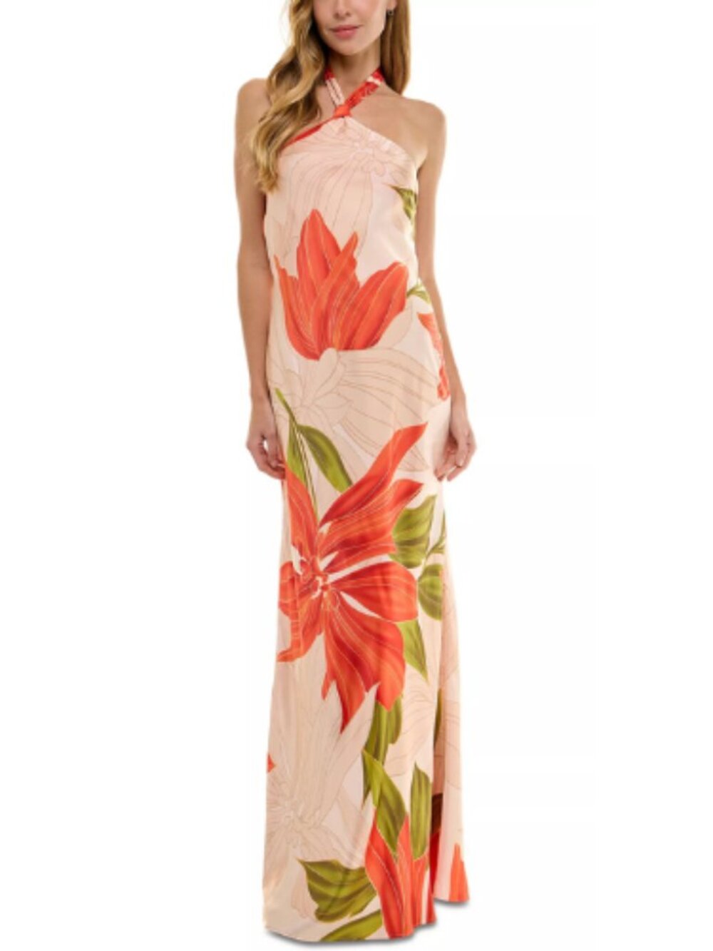 Seni & Cade Floor Length Satin Gown Peach Floral Juniors Size M